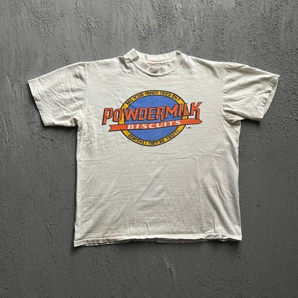Vintage  Powdermilk Biscuits Shirt‎ Large White 1970s USA